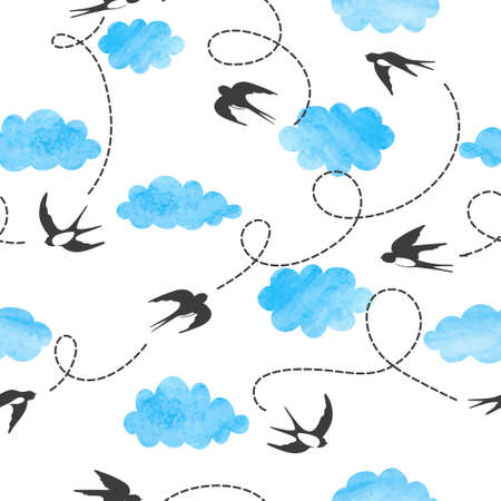 Seamless flying swallows and blue watercolor clouds pattern.のイラスト素材