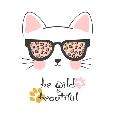 Little cute cat in sunglasses vector illustration. T-shirt print for kidsのイラスト素材