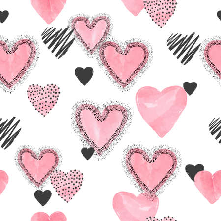 Pink watercolor hearts pattern. Valentines Day seamless background.のイラスト素材