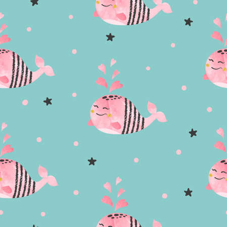 Seamless pattern with cute whales and hearts.のイラスト素材