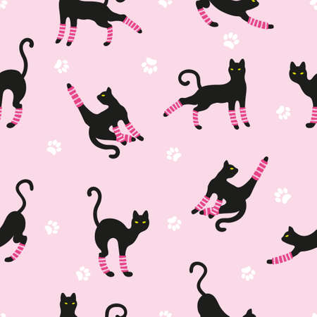 Seamless pattern with cute working out cats. Vector fitness illustration.のイラスト素材