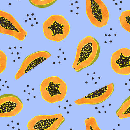 Seamless papaya fruit pattern. Vector background with orange fruit slices.のイラスト素材