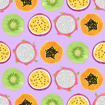 Seamless tropical fruit pattern with kiwi, papaya and passion fruit slices.のイラスト素材