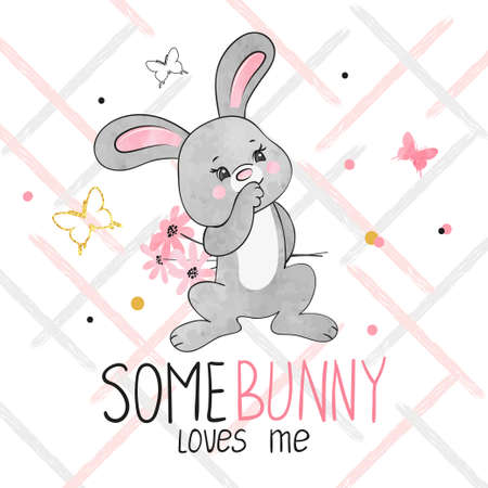 Cute watercolor bunny with flowers. Birthday card design with funny rabbit.のイラスト素材
