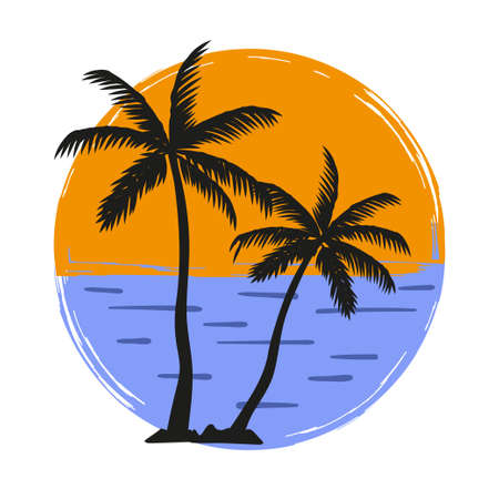 Palm trees silhouette vector illustration. Summer vacation on tropical beach.のイラスト素材