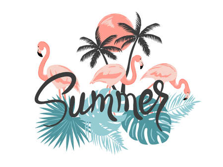 Beautiful flamingo birds and palm leaves. Tropical vector illustration.