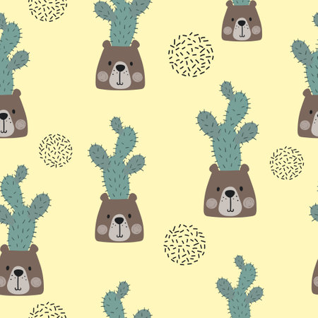 Seamless plants in pots as bear face pattern. Cute cartoon cactus vector print.のイラスト素材