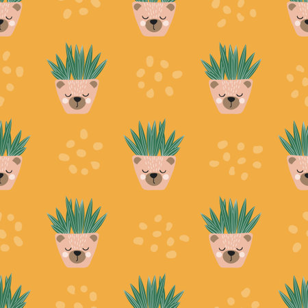 Seamless plants in pots as bear face pattern. Cute cartoon vector print.のイラスト素材