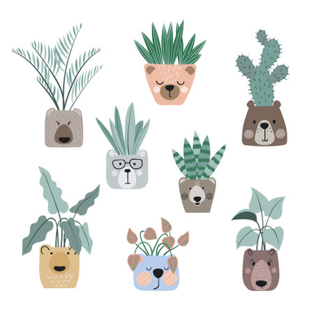 Set of cartoon plants in pots as bears face isolated on white background. Vector illustrationのイラスト素材