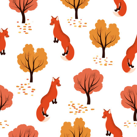 Foxes in the woodland. Seamless autumn forest pattern with cute animals.のイラスト素材