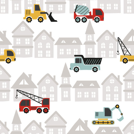 Construction pattern with cartoon colorful trucks and buildings.のイラスト素材