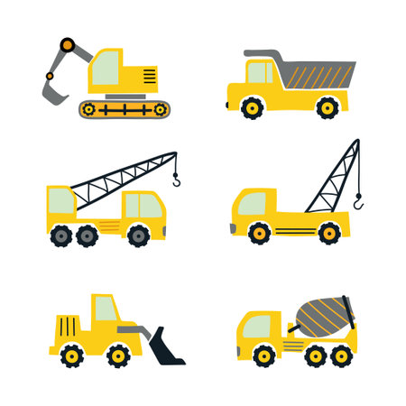 Cartoon constructions truck set. Vector machine illustration for kids.のイラスト素材