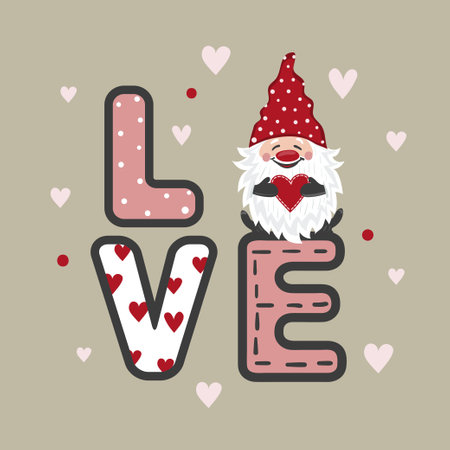 Valentines day card with cute gnome and red heart. Vector love illustration.のイラスト素材