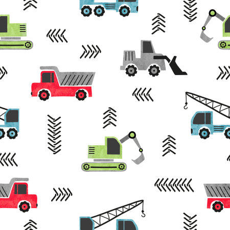 Seamless watercolor transport pattern with construction trucks.のイラスト素材