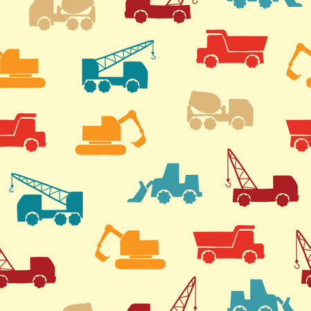 Seamless colorful transport pattern with construction trucks.のイラスト素材