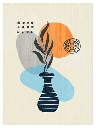 Abstract poster in scandinavian style. Minimal shapes and flower. Vector trendy floral composition for wall art decoration, postcard, printsのイラスト素材