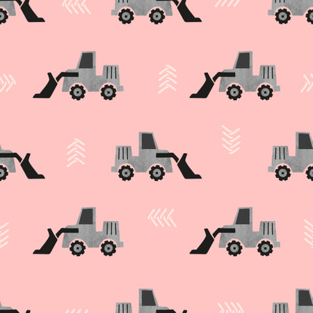 Seamless cartoon bulldozer transport pattern. Construction truck background.のイラスト素材