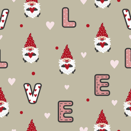 Valentines day seamless pattern with cute gnomes. Love vector illustrationのイラスト素材