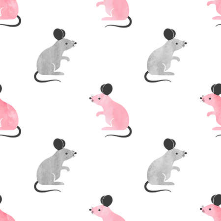 Seamless pink and grey cute mouse pattern. Vector background with cartoon mice.のイラスト素材