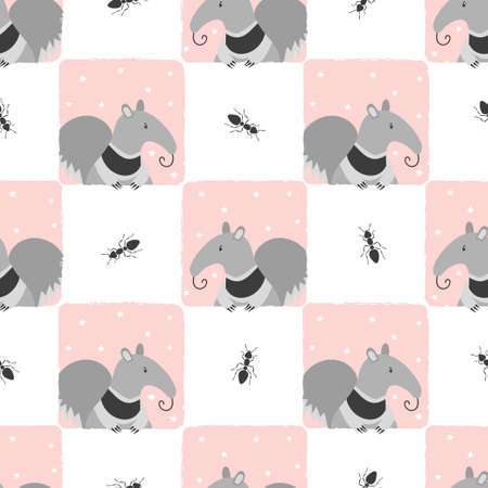 Seamless checked pattern with cute cartoon anteater. Baby print.のイラスト素材