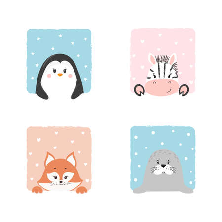 Set of cartoon animals. Cute animal portraits - zebra, fox, penguin, seal. Baby printのイラスト素材