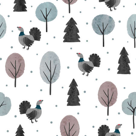 Seamless capercaillie bird pattern. Vector wood illustration with watercolor cartoon grouse and treesのイラスト素材