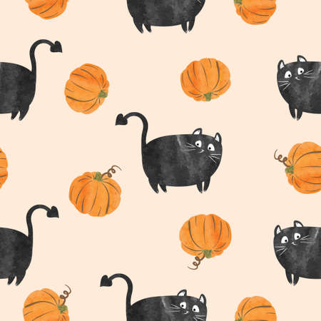 Seamless Halloween pattern with funny black cats and pumpkins. Vector watercolor illustration.のイラスト素材