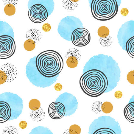 Seamless dotted pattern with blue watercolor circles. Vector abstract background