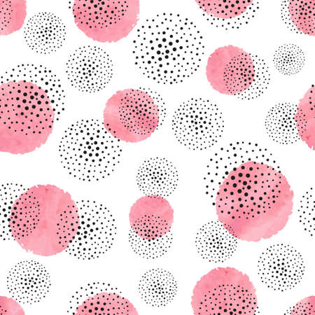 Seamless dotted pattern with pink watercolor circles. Vector abstract backgroundのイラスト素材