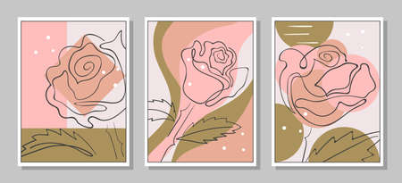 Minimal modern line art rose flower. Set of abstract floral posters. Wall art design.のイラスト素材
