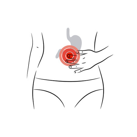 Stomach pain vector illustration. Woman suffers from abdominal ache.のイラスト素材