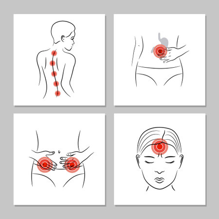 Pain vector set. Medical posters with body aches in different parts.のイラスト素材