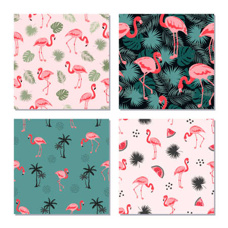 Seamless flamingo birds pattern. Vector set of tropical backgrounds with flamingos and leaves.のイラスト素材