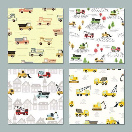 Seamless transport pattern with colorful trucks. Vector car set for kids.のイラスト素材
