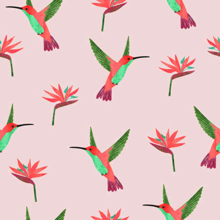 Seamless hummingbirds and Strelitzia flowers pattern. Vector summer tropical background.のイラスト素材