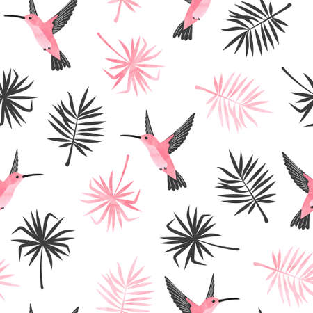 Hummingbirds and exotic tropical leaves pattern. Seamless watercolor tropic illustration.のイラスト素材