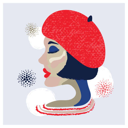 French woman abstract portrait. Vector illustration of girl in red beret.のイラスト素材