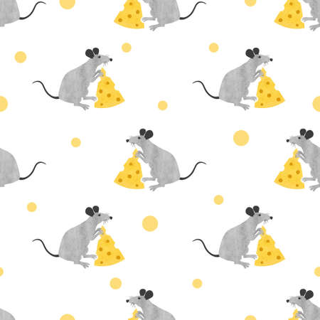 Seamless rat and cheese pattern. Vector watercolor mouse illustrationのイラスト素材