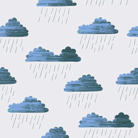 Rain pattern. Repeating vector illustration with dark rainy clouds and drops.