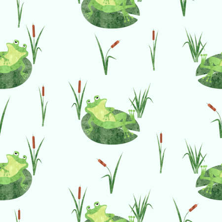 Funny frog pattern. Seamless vector marsh background with toad on lily pad.のイラスト素材