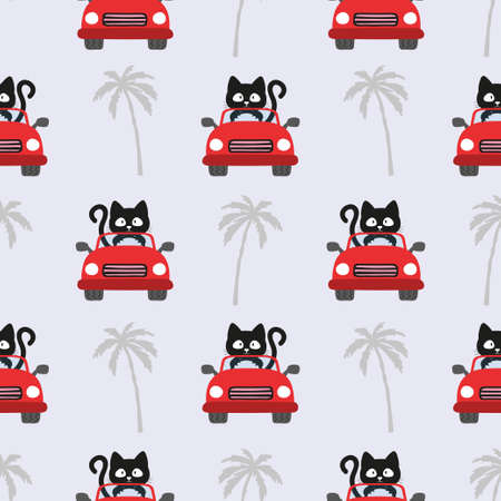 Cute cat in the red car seamless pattern. Baby print, vector childish backgroundのイラスト素材