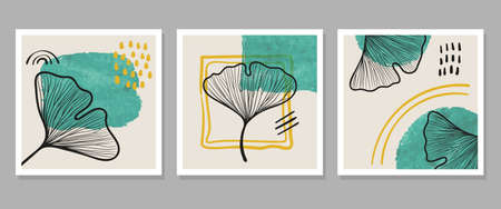 Set of abstract minimalist posters for wall art. Trendy floral vector illustration.のイラスト素材