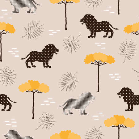 Seamless African pattern with lion silhouettes. Textile, wallpaper design.のイラスト素材