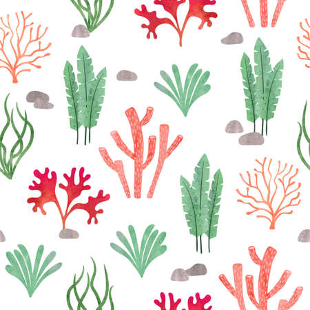 Seamless sea pattern with corals and seaweeds. Underwater algae. Vector watercolor marine illustration.のイラスト素材