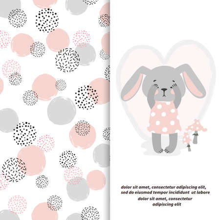 Cute cartoon bunny girl and circles pattern. Greeting card, textile, fabric design for kidsのイラスト素材