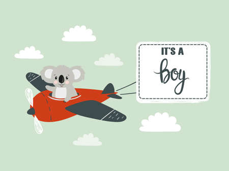 Baby shower boy greeting card. Cute koala pilot on airplane.のイラスト素材