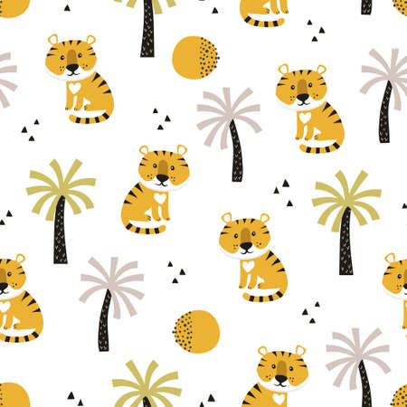 Seamless safari pattern with cartoon tiger and palm trees. Baby print, kids textile design.のイラスト素材