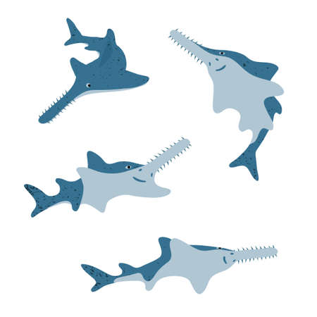 Set of cute cartoon sawfish. Vector sea fish illustrationのイラスト素材