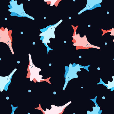 Seamless cute sawfish pattern. Vector colorful marine background for kids