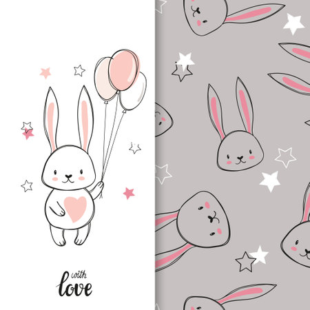 Greeting card with Easter bunny. Vector illustration of cute little rabbit. Baby printのイラスト素材